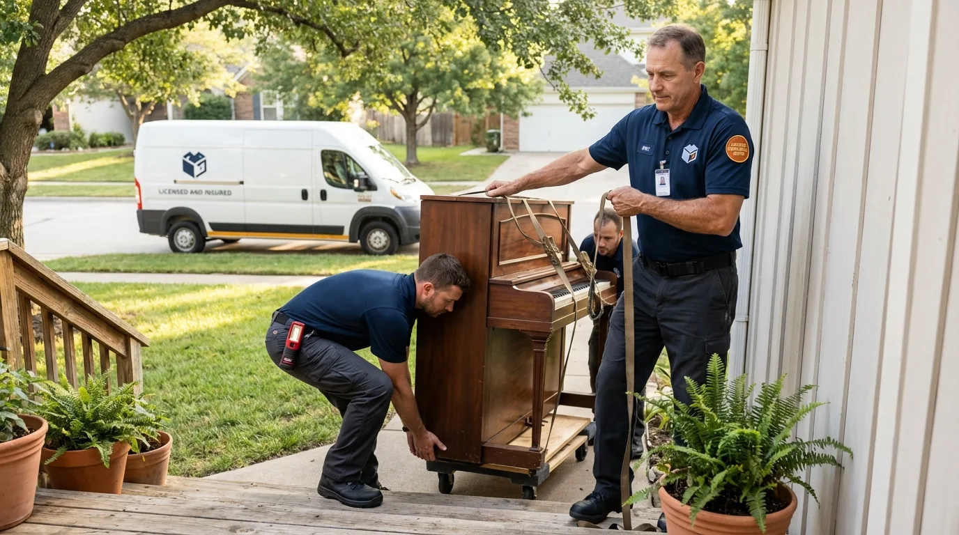 Licensed piano movers securing grand piano in Bolivar, NY