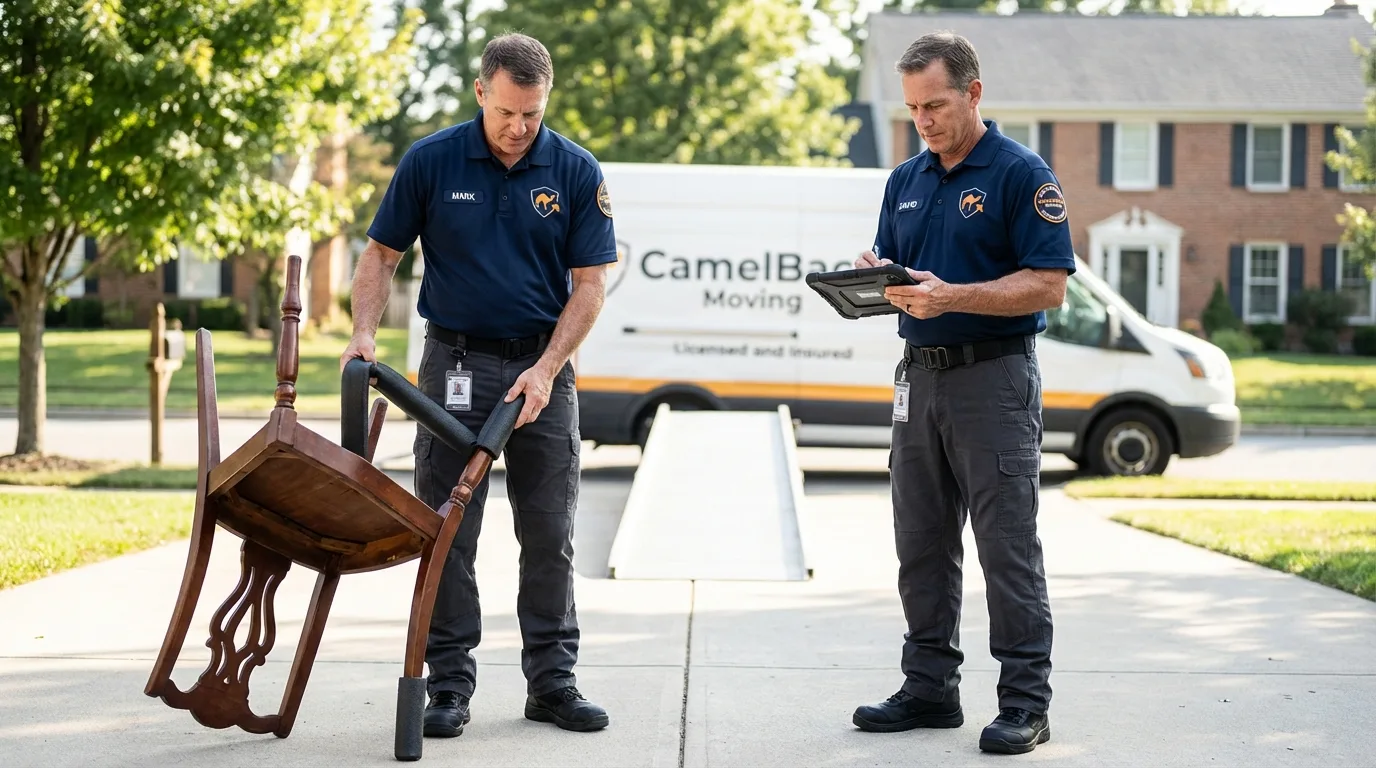 Movers inspecting furniture for damage prevention before loading in Bolivar, NY