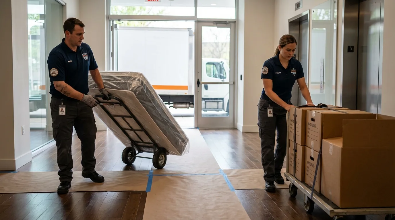 Professional apartment movers loading elevator in Bolivar, NY