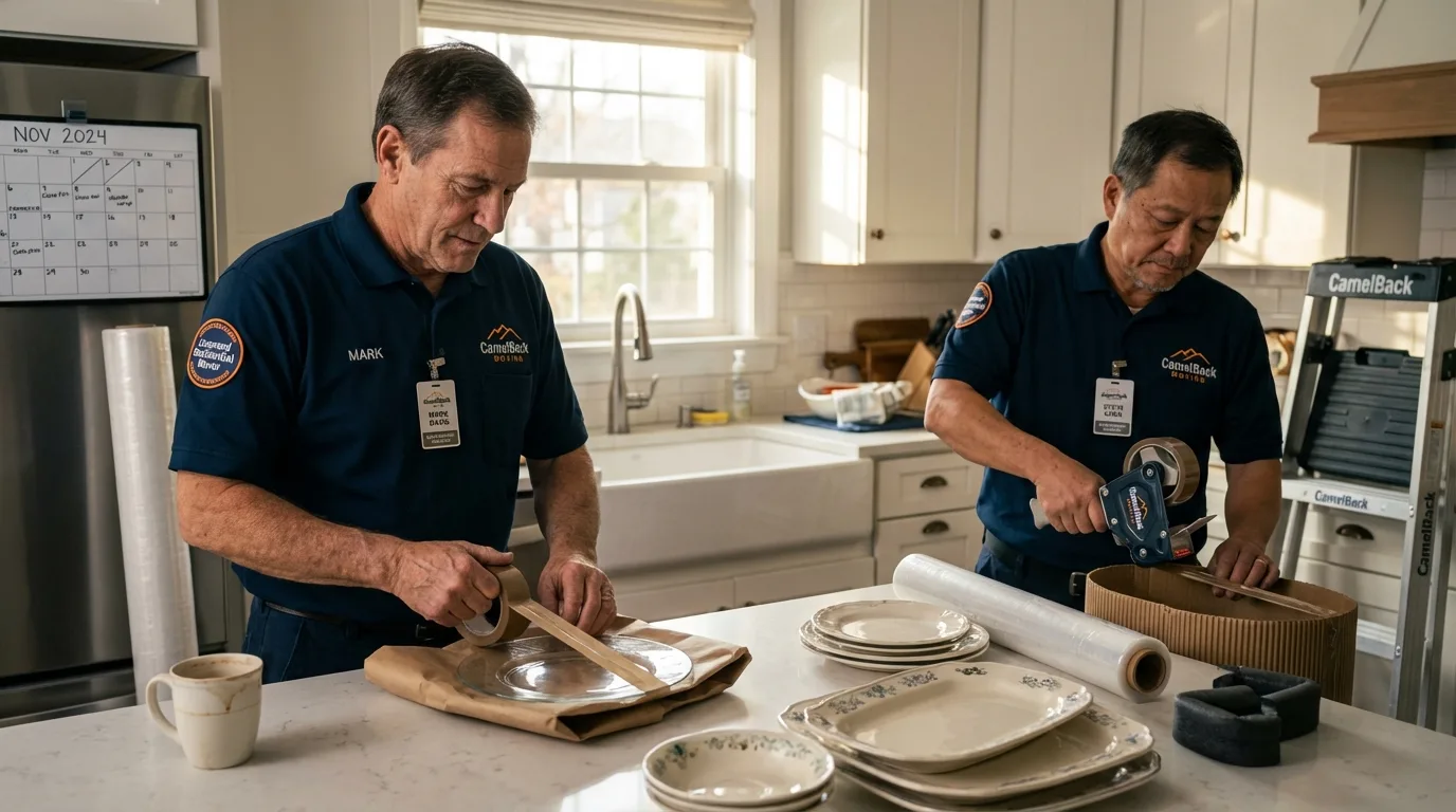 Professional crew packing kitchen dishware in Bolivar, NY